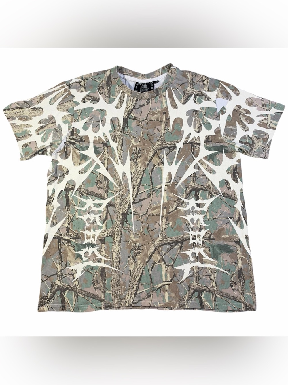 Rebel Vengeance Camo Graphic T Shirt Woodland Print Streetwear Men’s Medium Tan